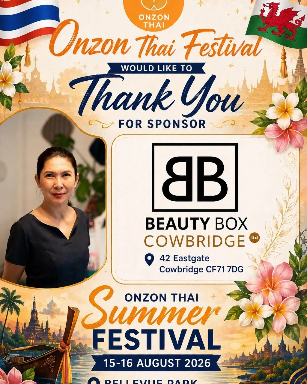 Onzon Thai Summer Festival 2026 sponsor poster featuring Beauty Box Cowbridge